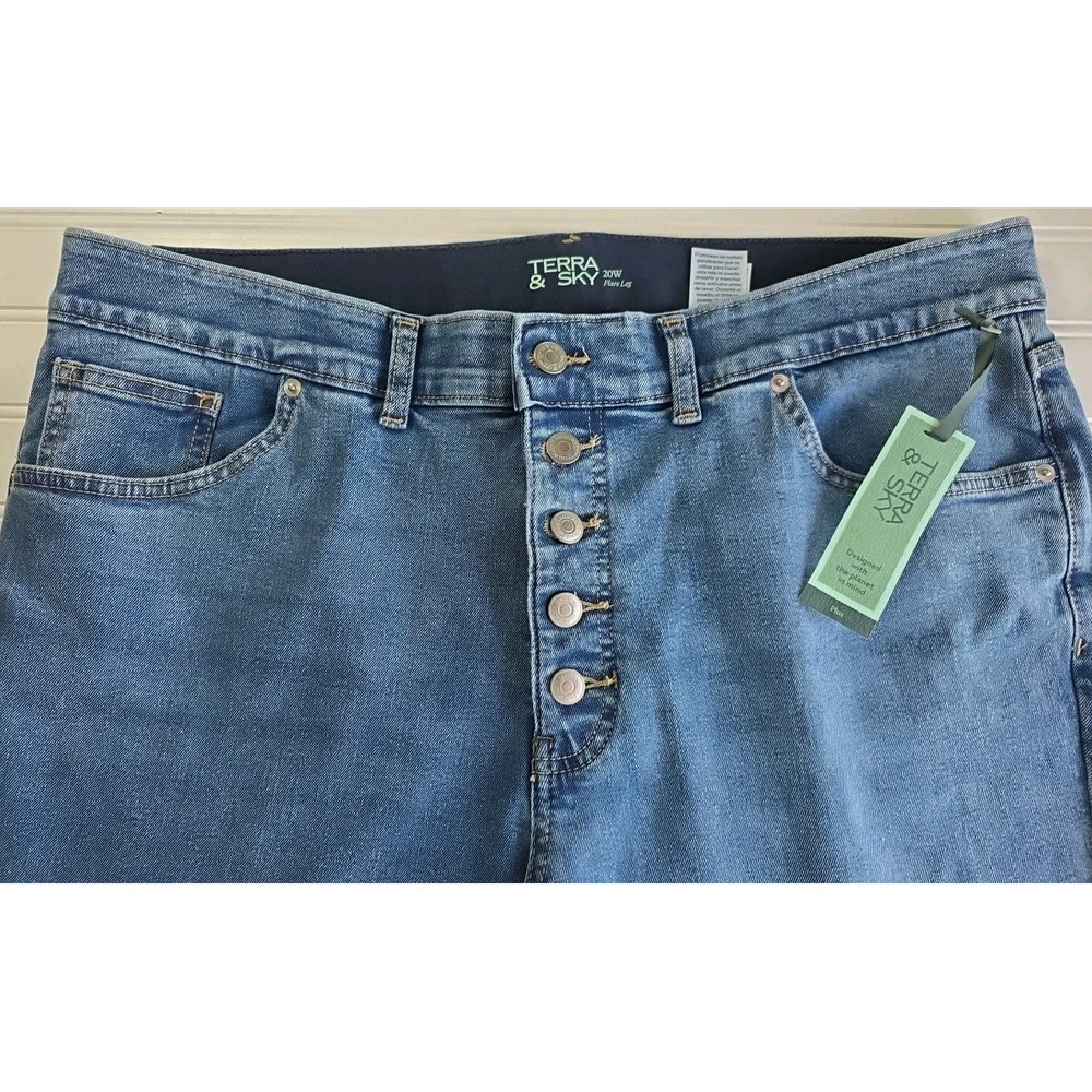 Terra & Sky Womens 20W Flare Leg Jeans Lucy Wash Blue Button Fly Plus Size NWT